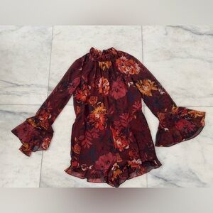 Ali & Jay Romper Burgundy Floral Bell Sleeve Mock Neck Women M Boho Fairy 70s